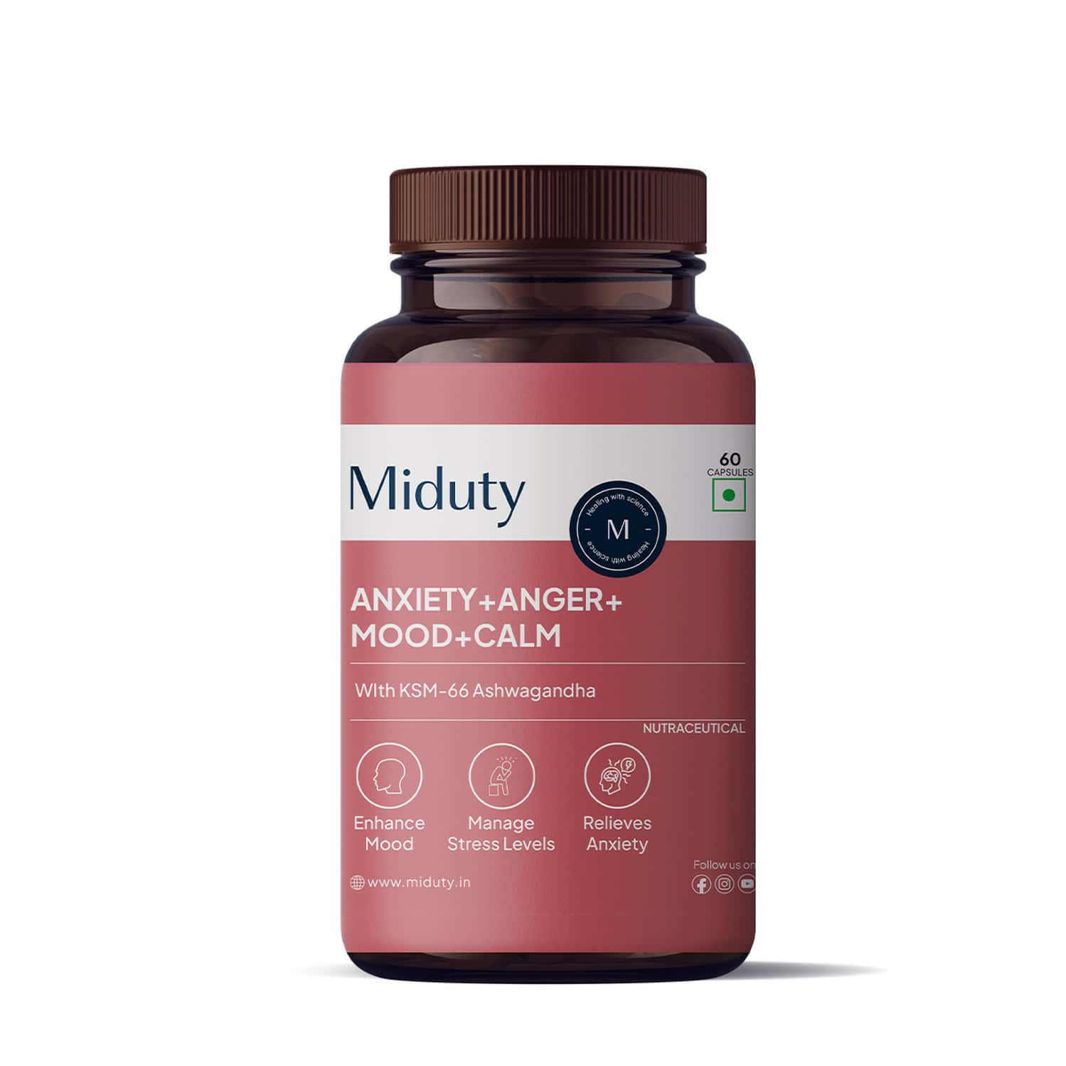 Miduty Anxiety Anger Mood Calm Supplement - Ksm-66 Ashwagandha | Gaba- Anti Depressant -60 Capsules
