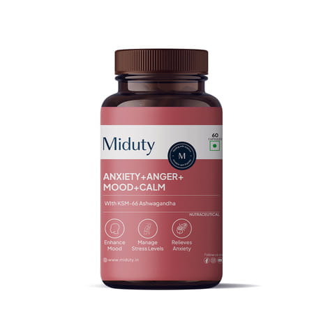 Miduty Anxiety Anger Mood Calm Supplement - Ksm-66 Ashwagandha | Gaba- Anti Depressant -60 Capsules