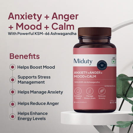 Miduty Anxiety Anger Mood Calm Supplement - Ksm-66 Ashwagandha | Gaba- Anti Depressant -60 Capsules