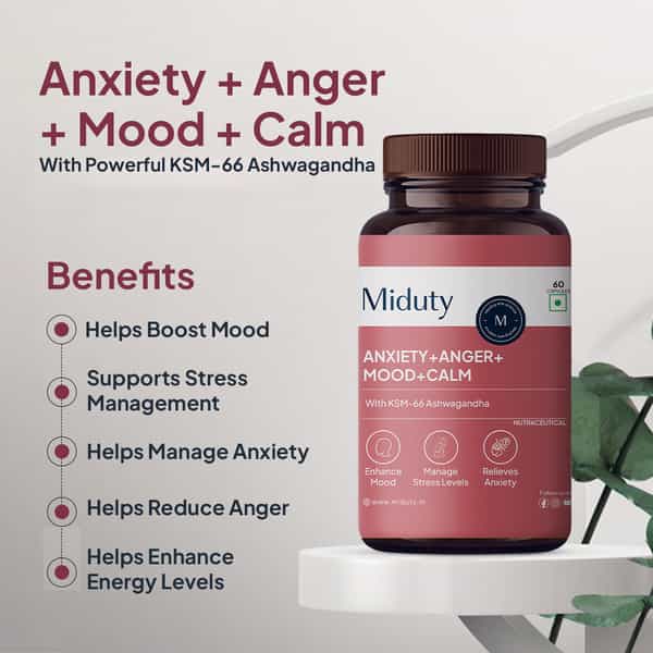 Miduty Anxiety Anger Mood Calm Supplement - Ksm-66 Ashwagandha | Gaba- Anti Depressant -60 Capsules