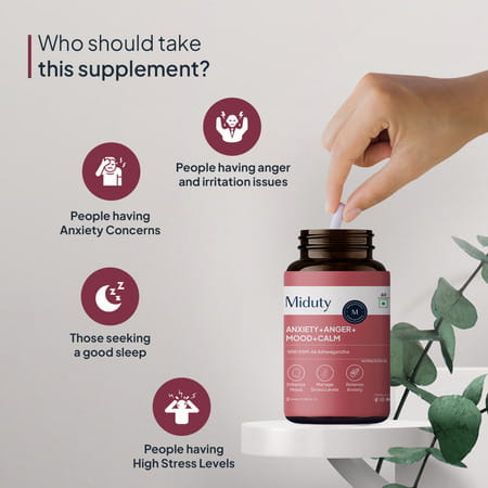 Miduty Anxiety Anger Mood Calm Supplement - Ksm-66 Ashwagandha | Gaba- Anti Depressant -60 Capsules