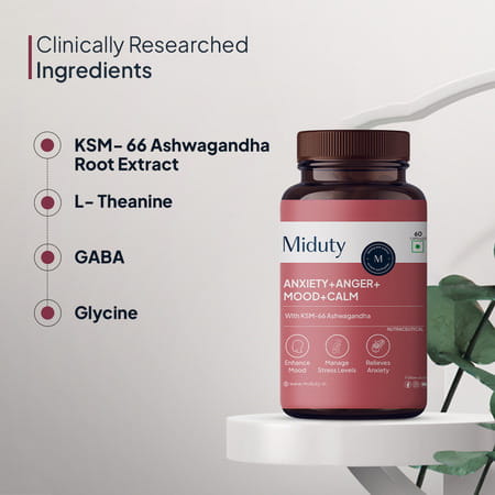 Miduty Anxiety Anger Mood Calm Supplement - Ksm-66 Ashwagandha | Gaba- Anti Depressant -60 Capsules