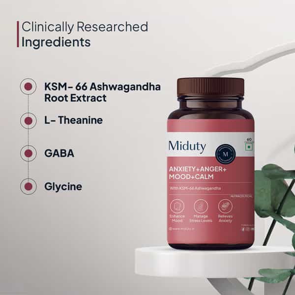 Miduty Anxiety Anger Mood Calm Supplement - Ksm-66 Ashwagandha | Gaba- Anti Depressant -60 Capsules