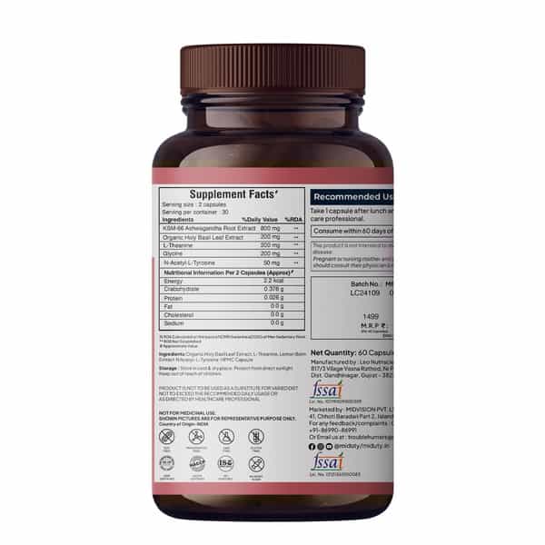 Miduty Anxiety Anger Mood Calm Supplement - Ksm-66 Ashwagandha | Gaba- Anti Depressant -60 Capsules