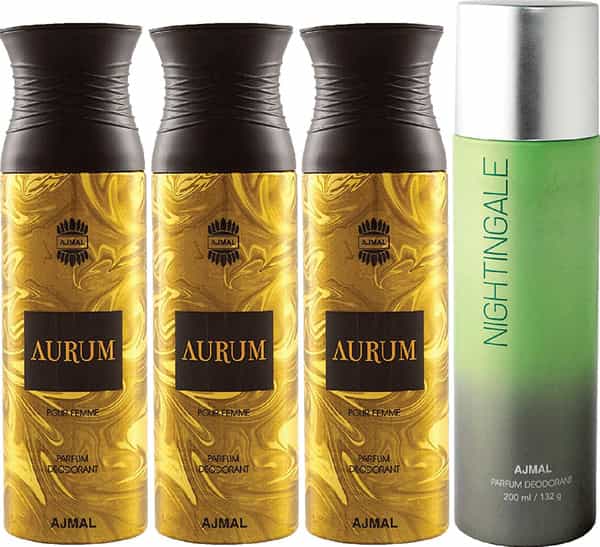 Ajmal 3 Aurum Femme For Women & 1 Nightingale For Men & Women Deodorants Each 200Ml Combo Pack Of 4