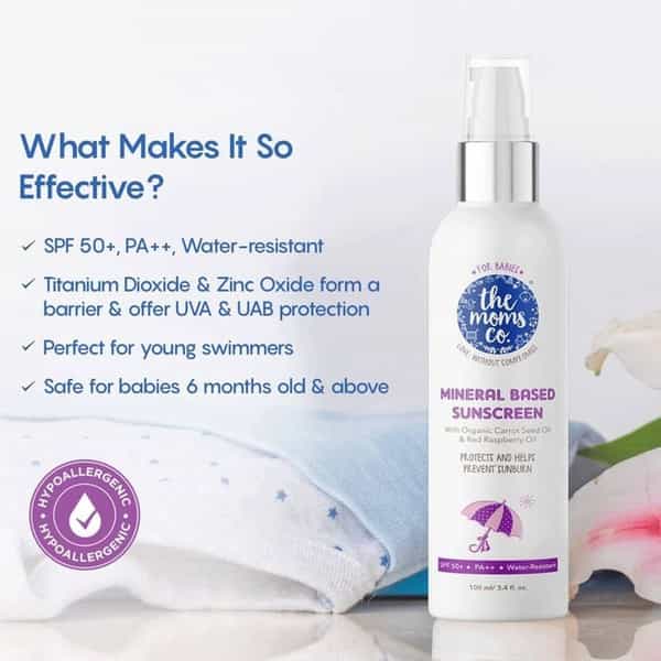 The Moms Co. Mineral Based Sunscreen With Carrot Seed & Red Raspberry Oil Spf 50+ Non Greasy 100Ml