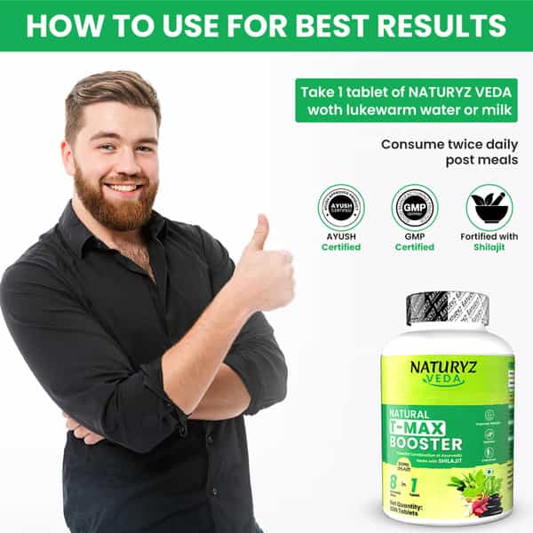Naturyz Veda T-Max Booster Pure Shilajit Ashwagandha For Strength | Stamina | Vitality - 60 Tablets
