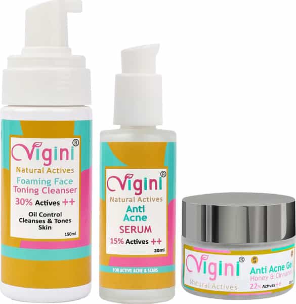 Vigini Anti-Acne Oil Control Foaming Toner Facewash 150Ml|Serum 30Ml|Day Night Spot Pimples Gel 50Ml