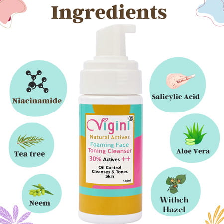 Vigini Anti-Acne Oil Control Foaming Toner Facewash 150ml|Serum 30ml|Day Night Spot Pimples Gel 50ml