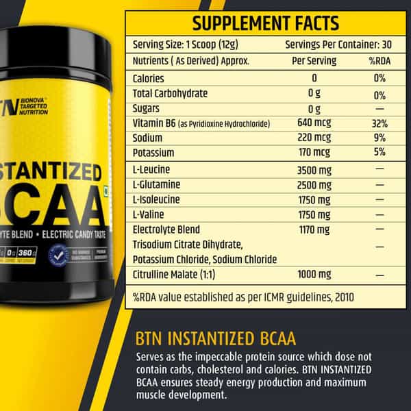 Btn Sports Instantized Bcaa (2:1:1 Ratio) Pre And Post Workout Supplement (Watermelon Flavour)