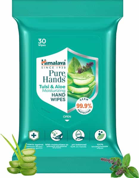 Himalaya Pure Hands-Hand Wipes - 30 Pulls-Aloe-Kills 99.9% Germs-Alcohol Based-Ph Balanced