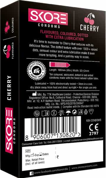 Skore Dotted Flavour Condoms (Cherry) 10N (Pack Of 4) And Hard Rock Gel Sachet Free