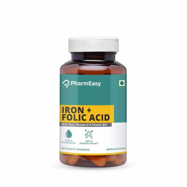 Pharmeasy Iron+Folic Acid With Zinc | Vitamin C & B12 | Maintains Overall Health | 60 Capsules