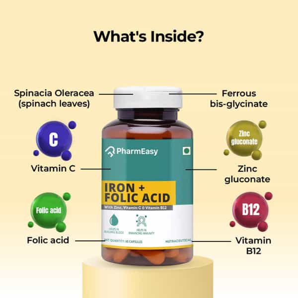 Pharmeasy Iron+Folic Acid With Zinc | Vitamin C & B12 | Maintains Overall Health | 60 Capsules