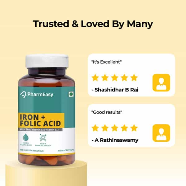 Pharmeasy Iron+Folic Acid With Zinc | Vitamin C & B12 | Maintains Overall Health | 60 Capsules