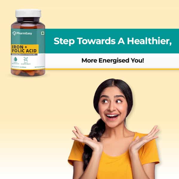 Pharmeasy Iron+Folic Acid With Zinc | Vitamin C & B12 | Maintains Overall Health | 60 Capsules