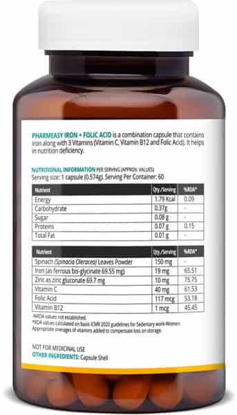 Pharmeasy Iron+Folic Acid With Zinc | Vitamin C & B12 | Maintains Overall Health | 60 Capsules