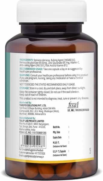 Pharmeasy Iron+Folic Acid With Zinc | Vitamin C & B12 | Maintains Overall Health | 60 Capsules