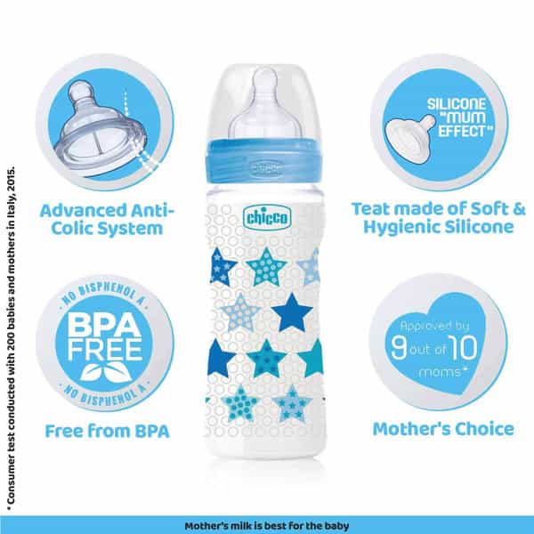 Chicco Wellbeing Pp Bottle Boy 250 Ml Medium Silicon Blue