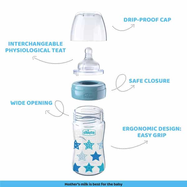 Chicco Wellbeing Pp Bottle Boy 250 Ml Medium Silicon Blue