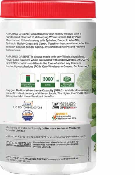 Vitrovea Amazing Greens Organic Raw Super Greens Powder Whole Food W/10 Superfoods - Jaljeera - 300G