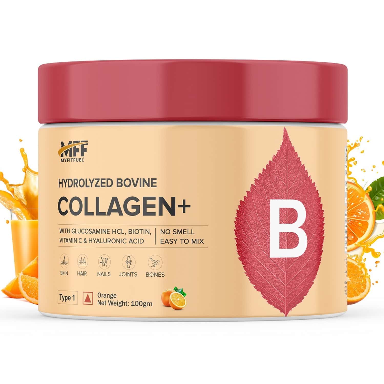 Myfitfuel Hydrolyzed Bovine Collagen + Glucosamine, Hyaluronic, Biotin, Zinc Vitaminc (100g, Orange)