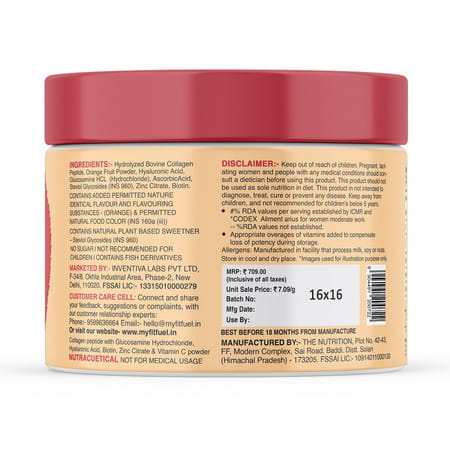 Myfitfuel Hydrolyzed Bovine Collagen + Glucosamine, Hyaluronic, Biotin, Zinc Vitaminc (100G, Orange)