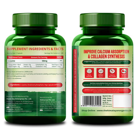 Vlado's Himalayan Organics L-Lysine 500Mg Essential Amino Acid | Supports Heart Health | Veg - 120N