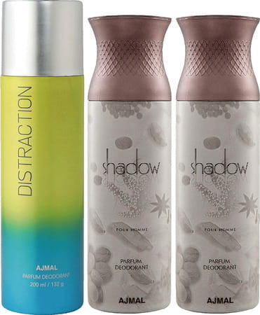 Ajmal 1 Distraction For Men & Women And 2 Shadow Him For Men Deodorants Each 200Ml +3 Parfum Testers
