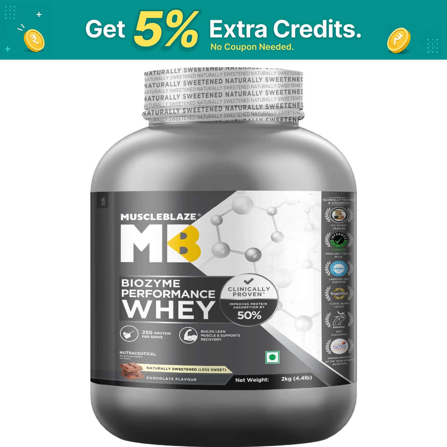 Muscleblaze Biozyme Performance Whey Protein Powder | Naturally Sweetened (less Sweet) Chocolate 2kg