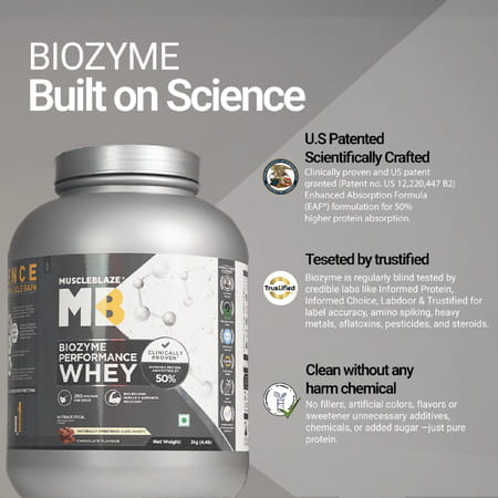 Muscleblaze Biozyme Performance Whey Protein Powder | Naturally Sweetened (Less Sweet) Chocolate 2Kg