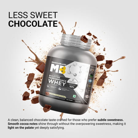 Muscleblaze Biozyme Performance Whey Protein Powder | Naturally Sweetened (Less Sweet) Chocolate 2Kg