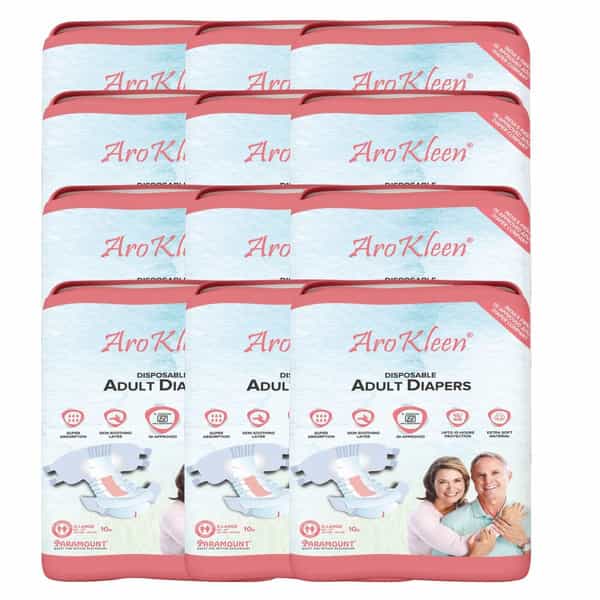 Arokleen Adult Diaper Tape Style Extra Large (Waist Size:127 Cm-170 Cm) 10 Pcs Per Packet Pack Of 12