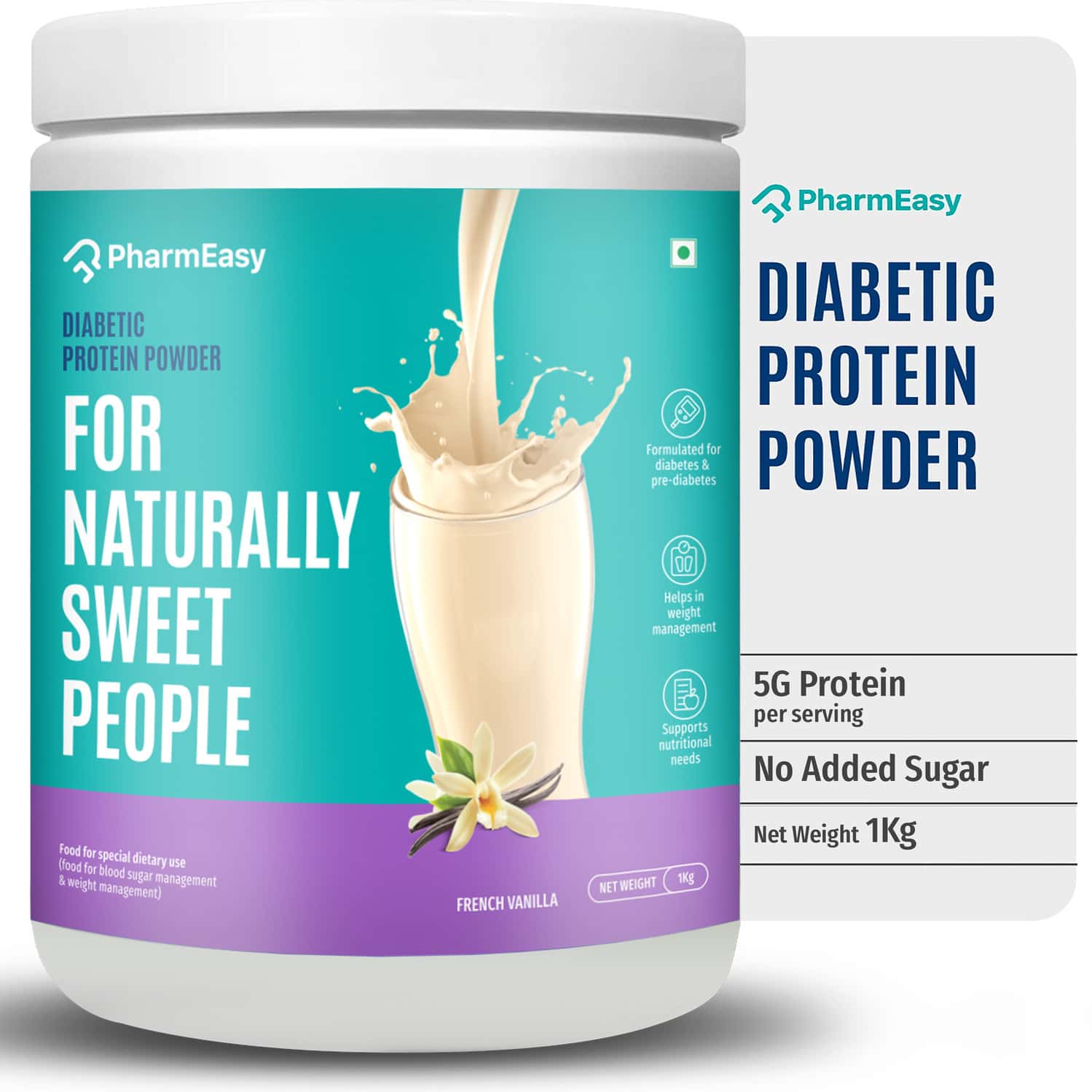 Pharmeasy Diabetic Protein Powder - French Vanilla - Jar | 1 Kg (5 Gm Protein/serving)