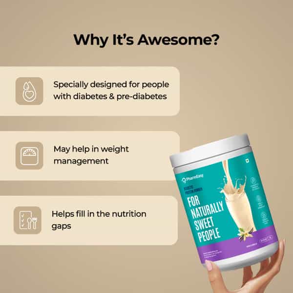 Pharmeasy Diabetic Protein Powder - French Vanilla - Jar | 1 Kg (5 Gm Protein/Serving)