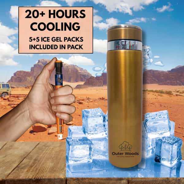 Outer Woods Insulin Cooler Bottle Case With 10 Mini Ice Gel Packs | 20+ Hrs Cooling | Large - Golden