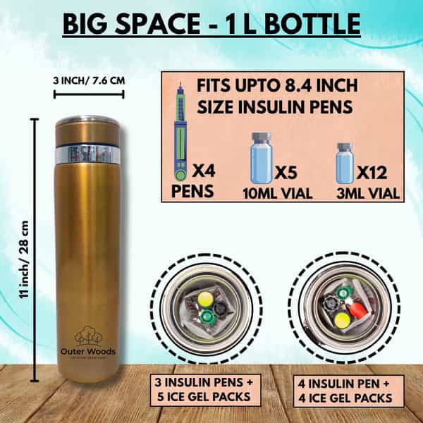 Outer Woods Insulin Cooler Bottle Case With 10 Mini Ice Gel Packs | 20+ Hrs Cooling | Large - Golden