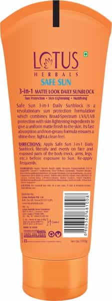 Lotus Herbals Safe Sun 3 In 1 Matte-Look Daily Sunblock Pa+++ Spf-40 100 Gm