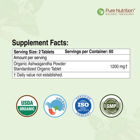 Pure Nutrition Organic Ashwagandha Supplement - 120 Tablets