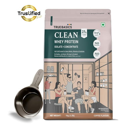 Truebasics Clean Whey Protein Powder Isolate & Concentrate Blend (Coffee 1kg) | 25g Protein