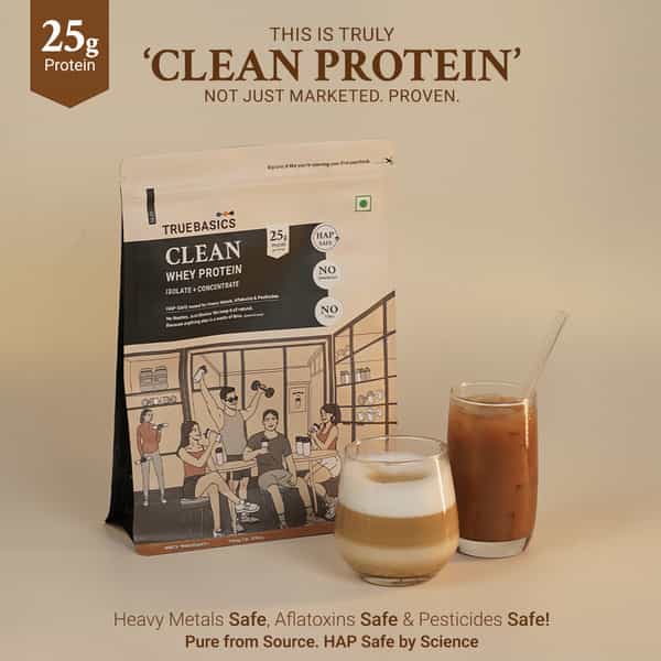 Truebasics Clean Whey Protein Powder Isolate & Concentrate Blend (Coffee 1Kg) | 25G Protein