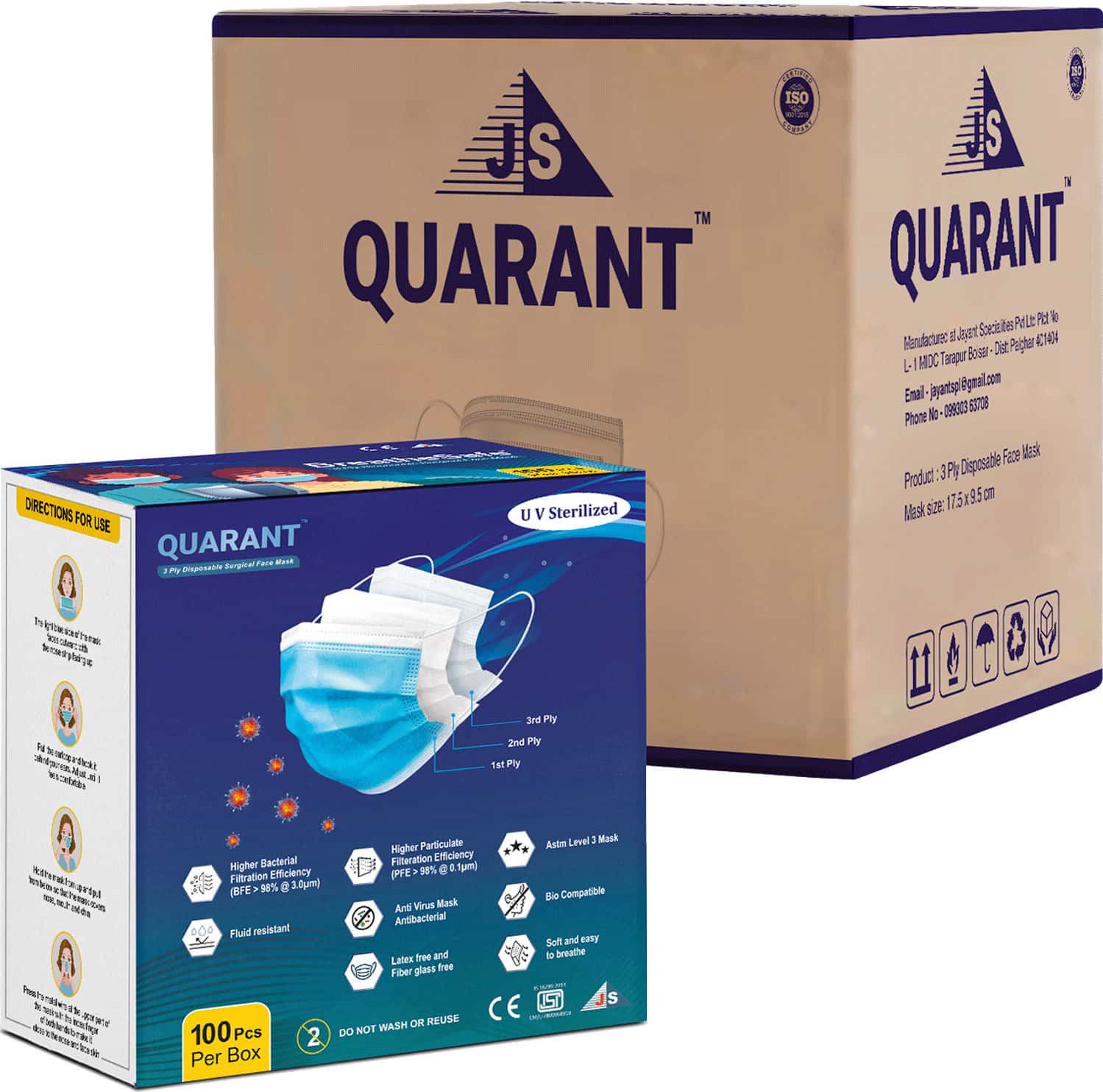 Quarant 3 Ply Disposable Surgical Face Mask With Adjustable Nose Pin Uv Sterilized - Pack Of 500