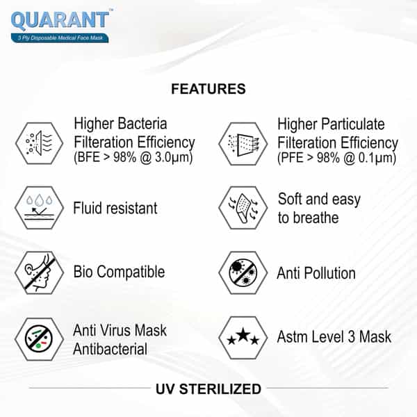 Quarant 3 Ply Disposable Surgical Face Mask With Adjustable Nose Pin Uv Sterilized - Pack Of 500