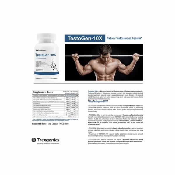 Trexgenics Testogen-10X Natural Testosterone Booster Veg Capsules - 60 Capsules