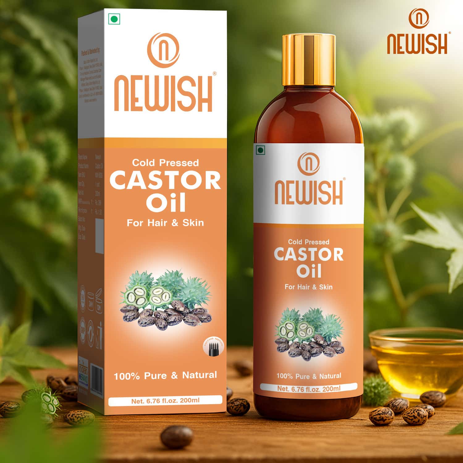 Newishcastor Oil For Hair Growth|100% Pure&organic|for Dryskin Nailcare Eyelashes-200ml (pack Of 2)