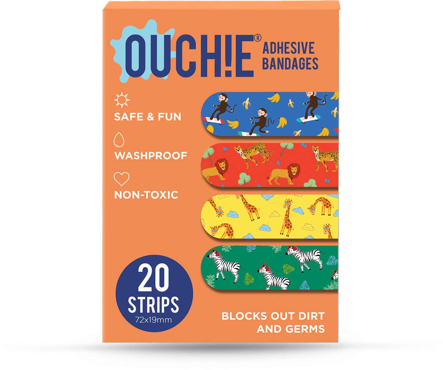 Ouchie Non-Toxic Printed Bandages - Orange - 20 Bandages