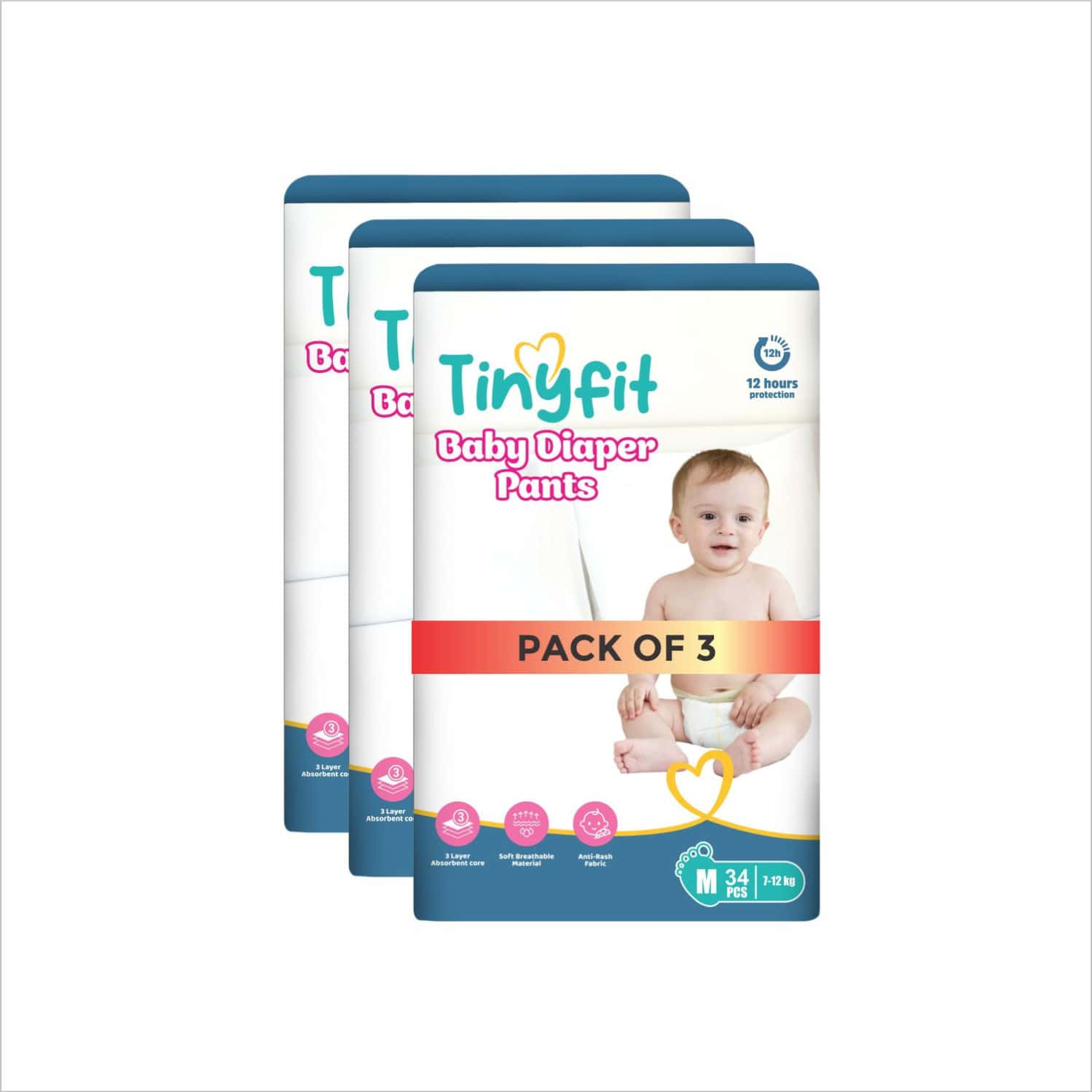 Tinyfit Baby Diaper Pants Medium| Bubble Soft Bed| Multi-Layer Absorption Upto 12 Hrs - M (102 Pcs)