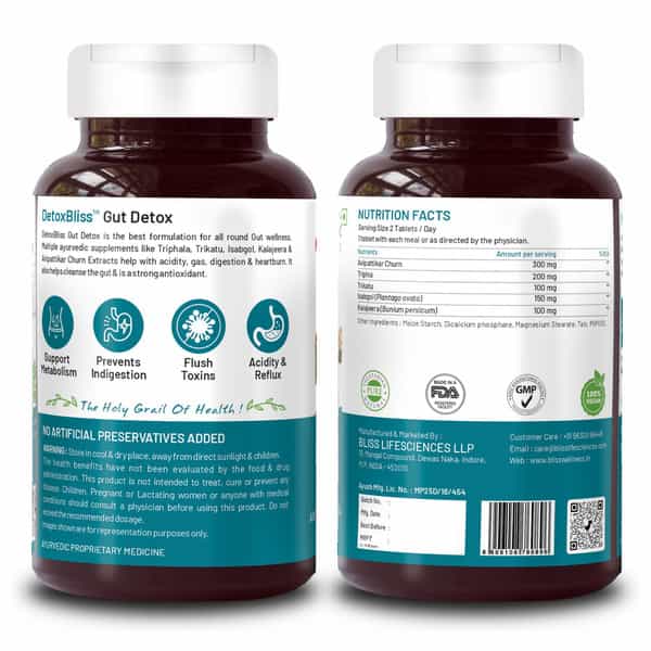 Bliss Welness Gut Detox For Stomach Cleanse, Acidity Removal Supplement|Men And Women-60 Veg Tablets