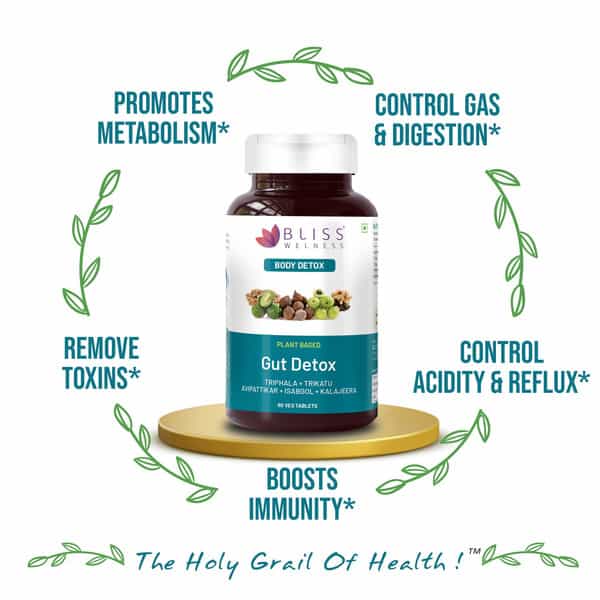 Bliss Welness Gut Detox For Stomach Cleanse, Acidity Removal Supplement|Men And Women-60 Veg Tablets