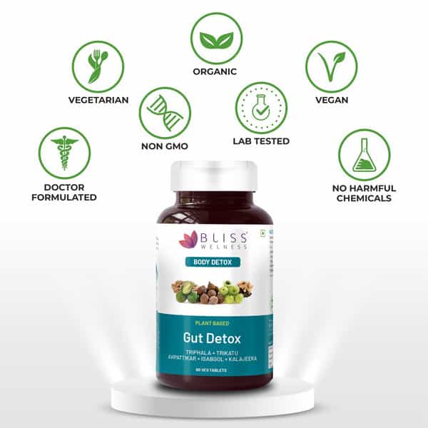 Bliss Welness Gut Detox For Stomach Cleanse, Acidity Removal Supplement|Men And Women-60 Veg Tablets